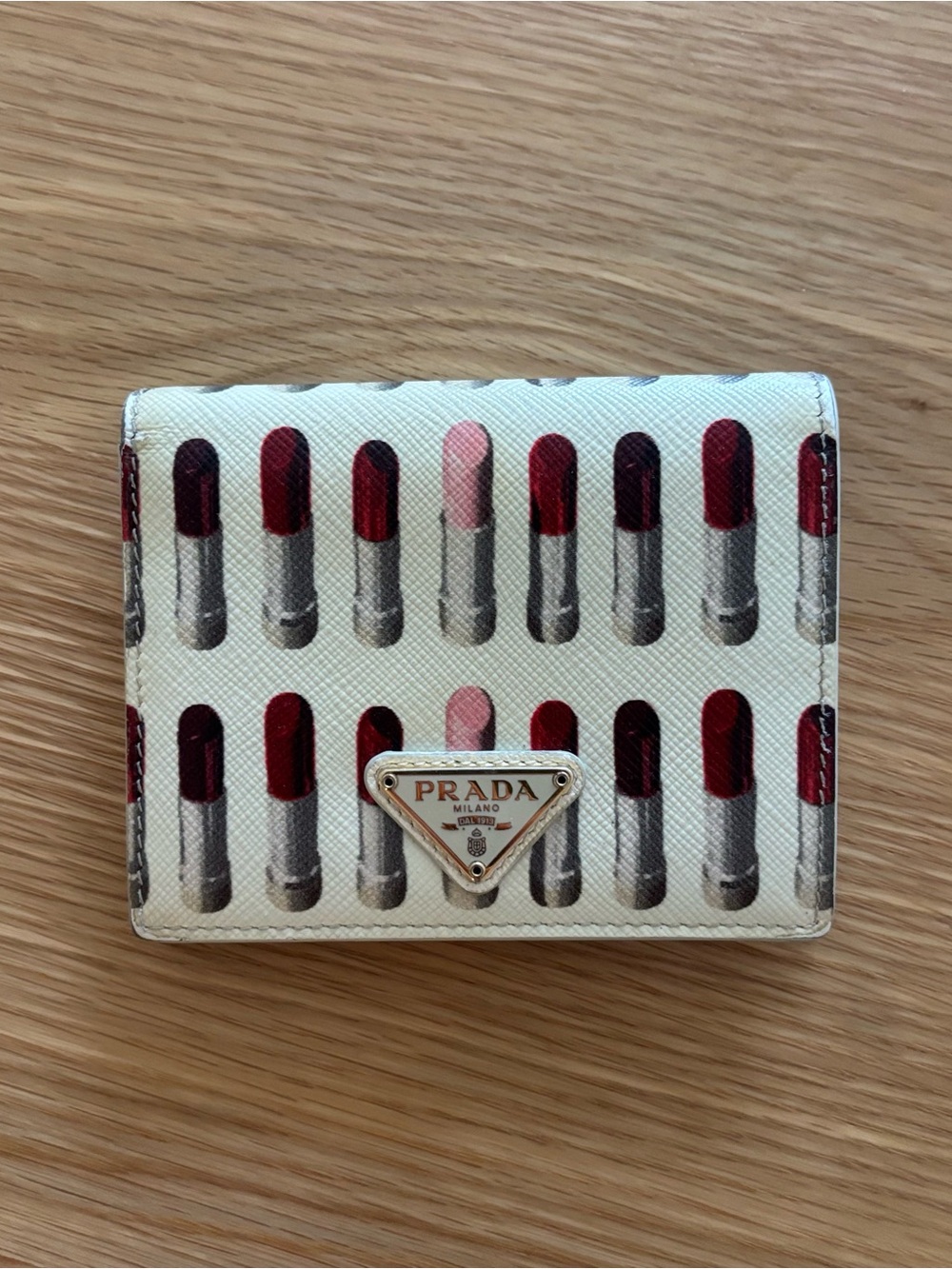 Prada Cream Leather Wallet with Red & Pink Lipstick Print